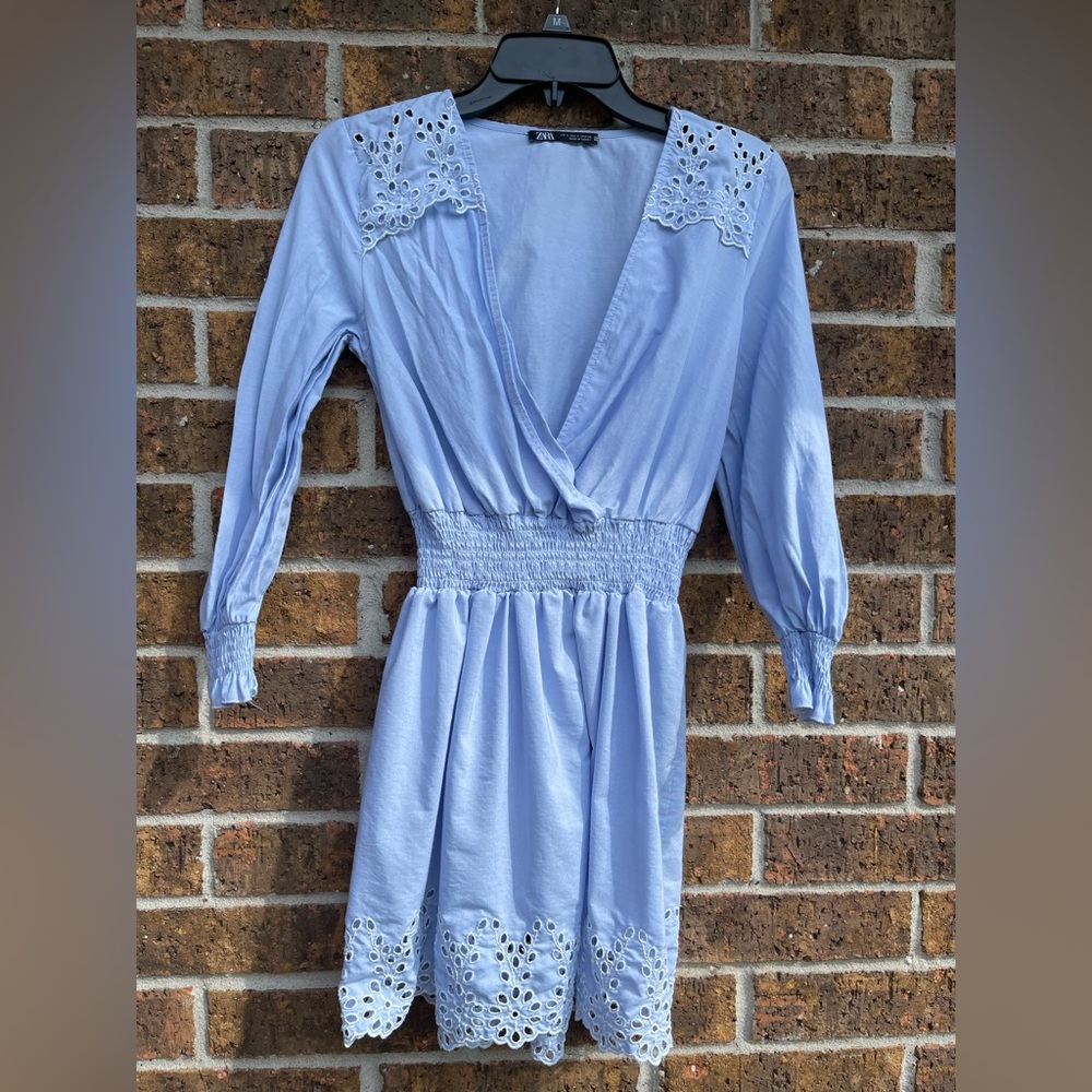 Zara Blue Eyelet Summer Long Sleeve Mini Pullover Dress Coastal Feminine  Sz S